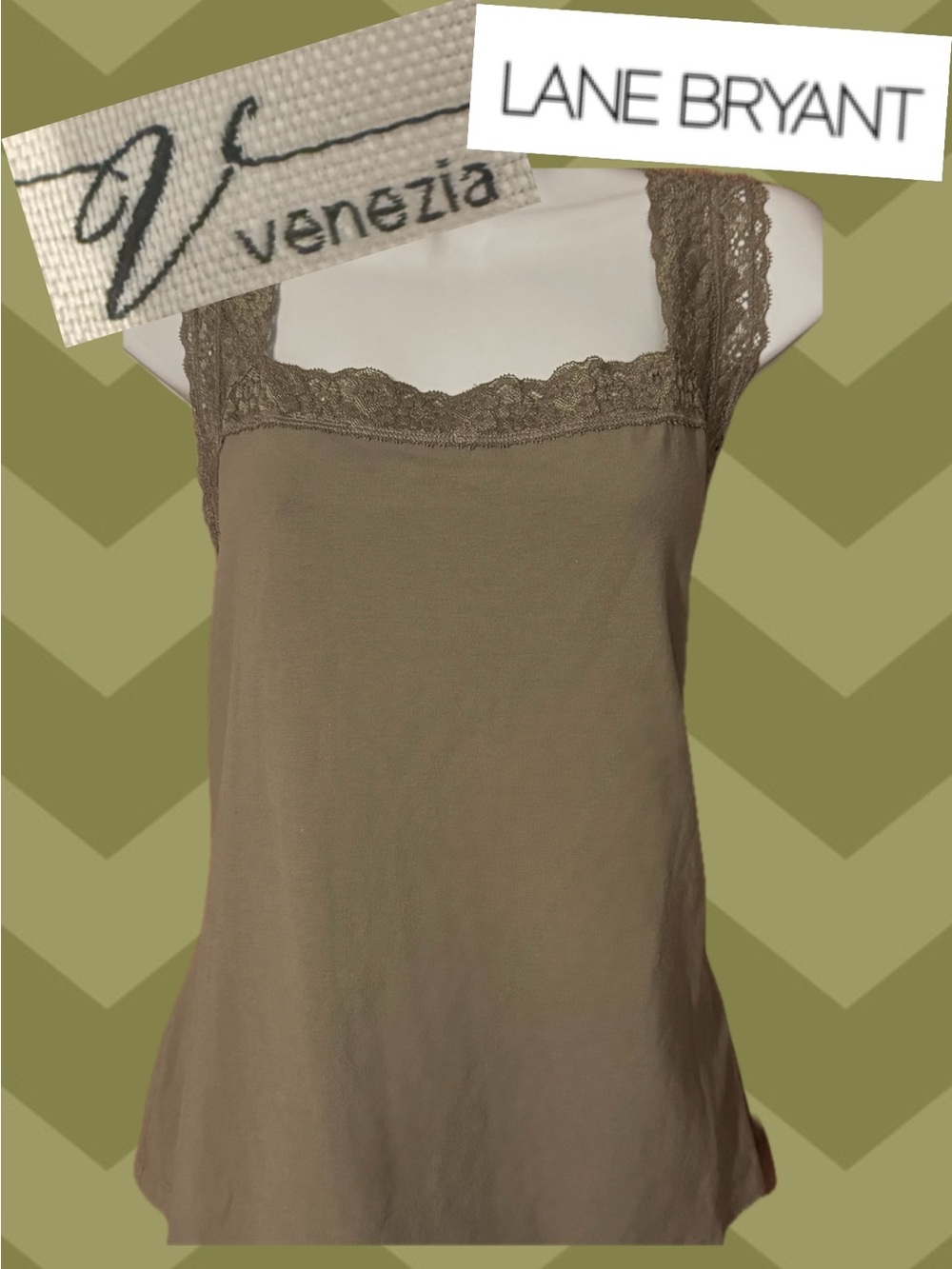 Venezia for Lane Bryant Vintage Olive Green Y2K Lace-Trimmed Camisole EUC 18/20